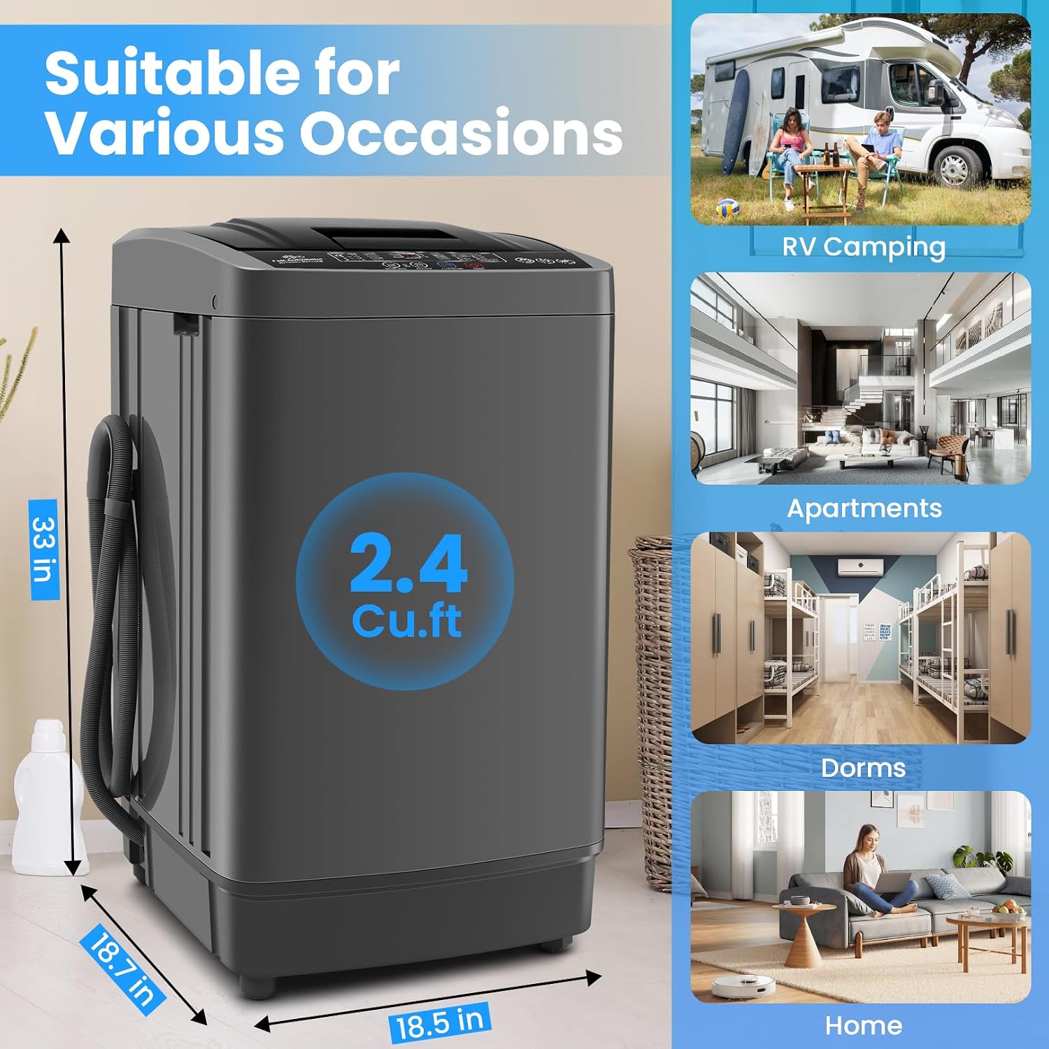 Nictemaw 2.4 Cu.ft Portable Washing Machine, 17.8 lbs Capacity Full Automatic Washing Machine with 10 Wash Programs, LED Display & Drain Pump, Portable Washer for Apartments, RV, Dorm, Home