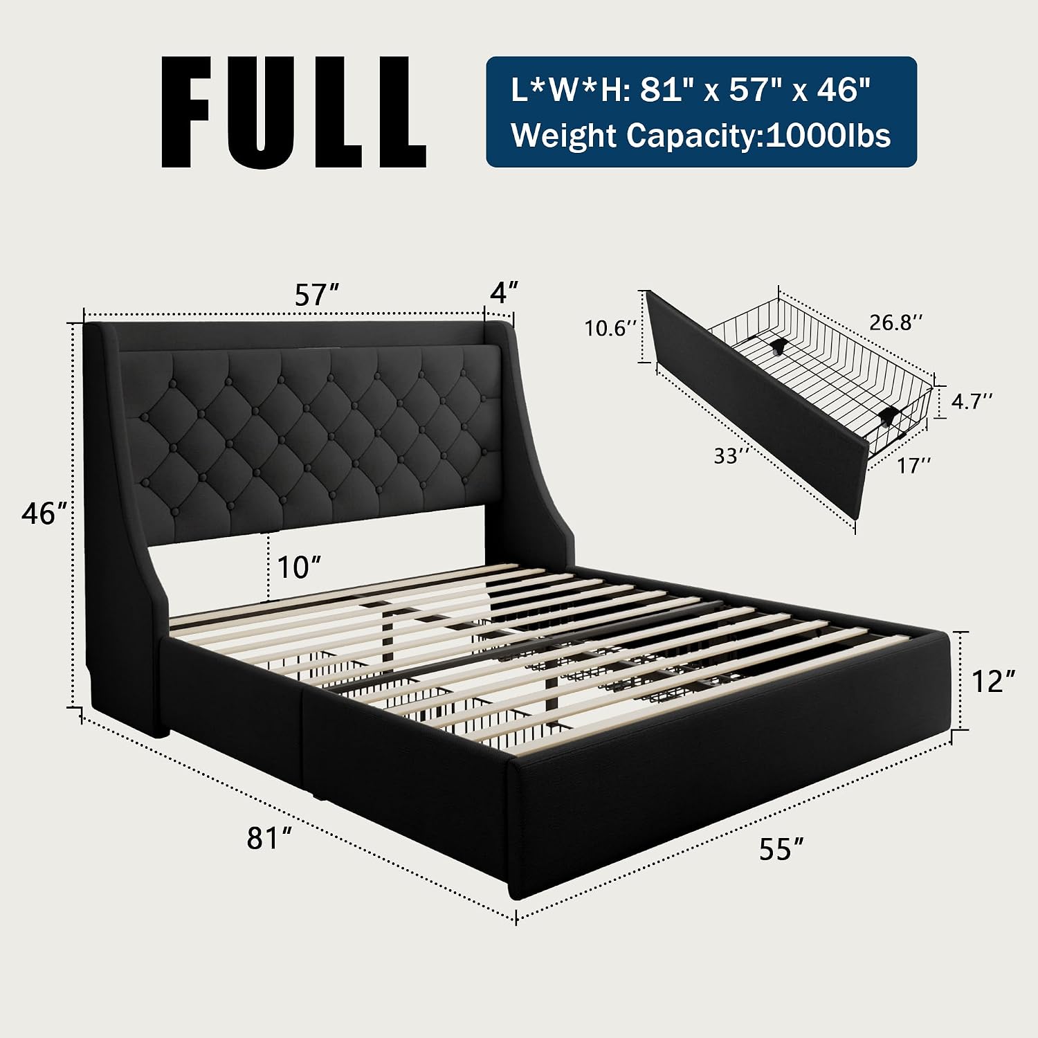 GalnFu Full Size Bed Frame with 4 Storage Drawers, Giant Upholstered Wingback Headboard, Fast Charging Station, No Box Spring Needed, Noise-Free, Black