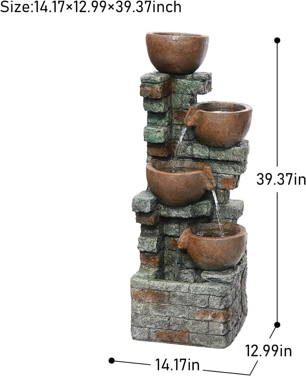 39.37''H Outdoor Water Garden Fountain 5-Tiers Cascading Bowl and Stacked Stones Waterfall Water Feature Indoor Bowl Planter Water Fountain Decor with LED Lights for Garden Patio Porch Backyard
