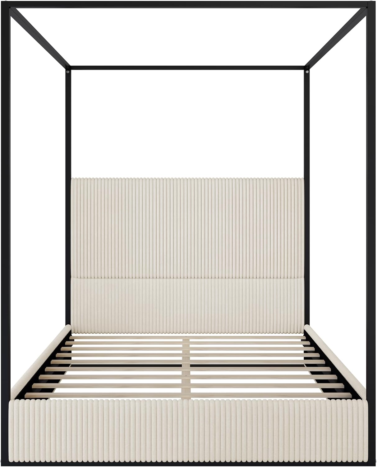 King Size Metal Canopy Bed with Tall Upholstered Channel Headboard and Gold 4 Poster, No Box Spring Needed (White+ Black, King)