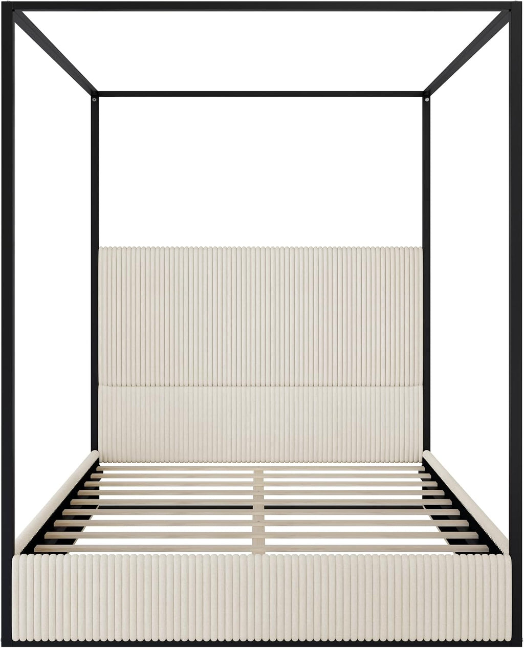 Queen Size Metal Canopy Bed with Tall Upholstered Channel Headboard and Gold 4 Poster, No Box Spring Needed (White+ Black, Queen)