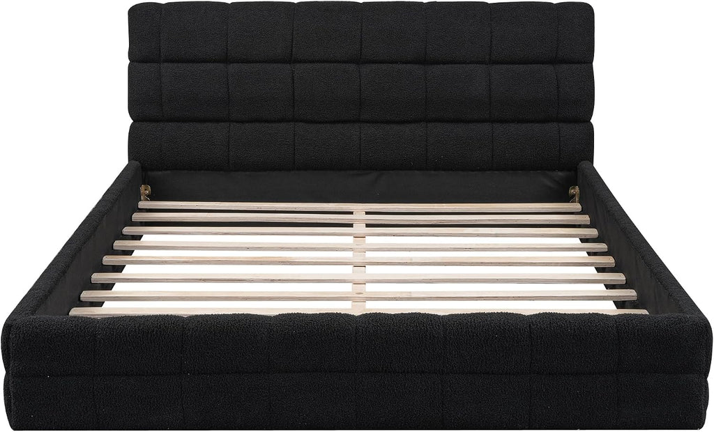 Ball & Cast Queen Size Low Bed Frame with Soft Fleece Headboard, Grounded Floor Platform Bed with Wood Slats Support for Kids Teens Adults, No Box Spring Needed,Easy Assembly,Black