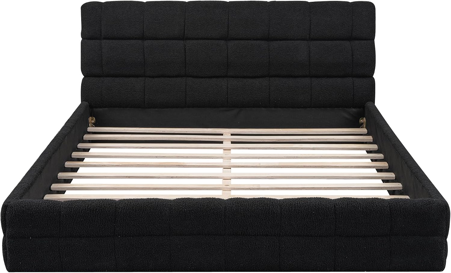 Ball & Cast Queen Size Low Bed Frame with Soft Fleece Headboard, Grounded Floor Platform Bed with Wood Slats Support for Kids Teens Adults, No Box Spring Needed,Easy Assembly,Black