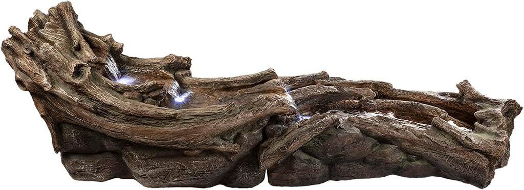 Alpine Corporation 80' Long Indoor/Outdoor Wood River Log Water Fountain with LED Lights, Cascading Natural Water Feature for Gardens, Patios, Yards, and Outdoor Decor, Brown and Gray