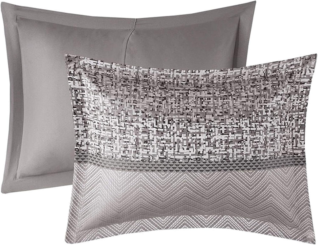 Madison Park Luxury Comforter Set-Traditional Jacquard Design All Season Down Alternative Bedding, Matching Bedskirt, Decorative Pillows, Cal King(104'x92'), Rhapsody, Striped Grey/Taupe 7 Piece