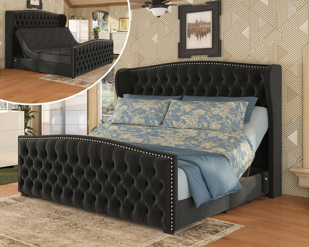 AMERLIFE 51' H Queen Size Adjustable Bed Frame with Velvet Upholstered and Deep Button Tufted Headboard, Electric Bed with Dual Motor/Nailhead Trim Wingback, No Box Spring Needed, Black