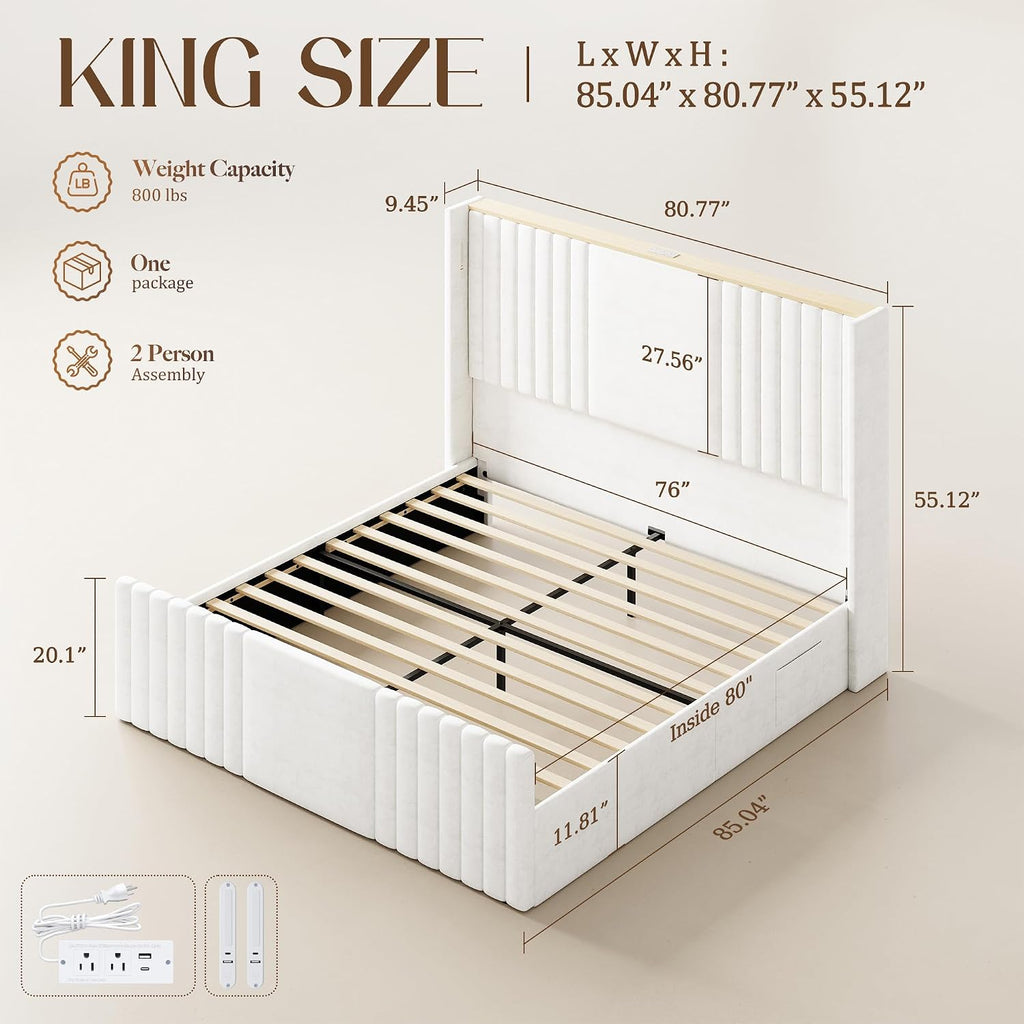 King Size Bed Frame with 55.1' Tall Headboard, Velvet Upholstered Platform Bed with Channel Tufted Wingback, 2 Reading Lights/Storage Shelf/Charging Station/Easy Assembly/Noise-Free, Cream