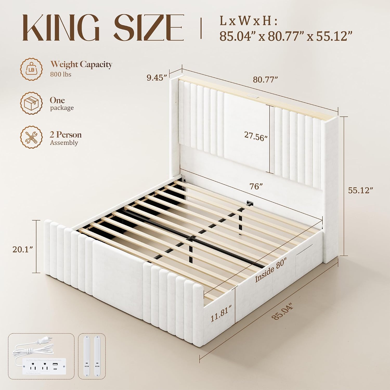 King Size Bed Frame with 55.1' Tall Headboard, Velvet Upholstered Platform Bed with Channel Tufted Wingback, 2 Reading Lights/Storage Shelf/Charging Station/Easy Assembly/Noise-Free, Cream