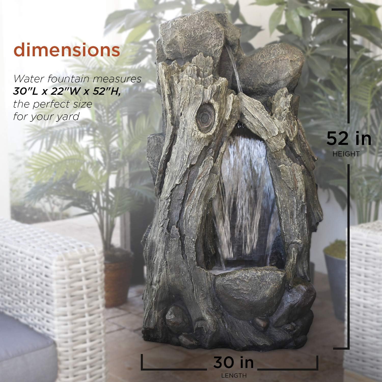 Alpine Corporation WIN270 52' Outdoor Rainforest Waterfall Tree Trunk Fountain with LED Lights, Cascading Water Feature for Garden, Patio, Backyard & Landscape Décor, Rustic, Brown