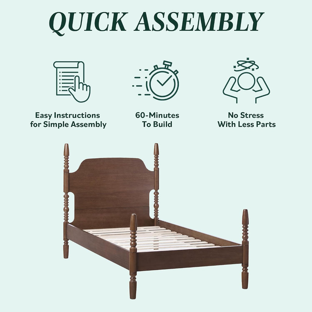Walker Edison EZ Assembly Traditional Wood Spindle Bed, Vintage Bed Frame, No Box Spring Required, Twin Bed Frame with Headboard, Twin Size, Dark Brown