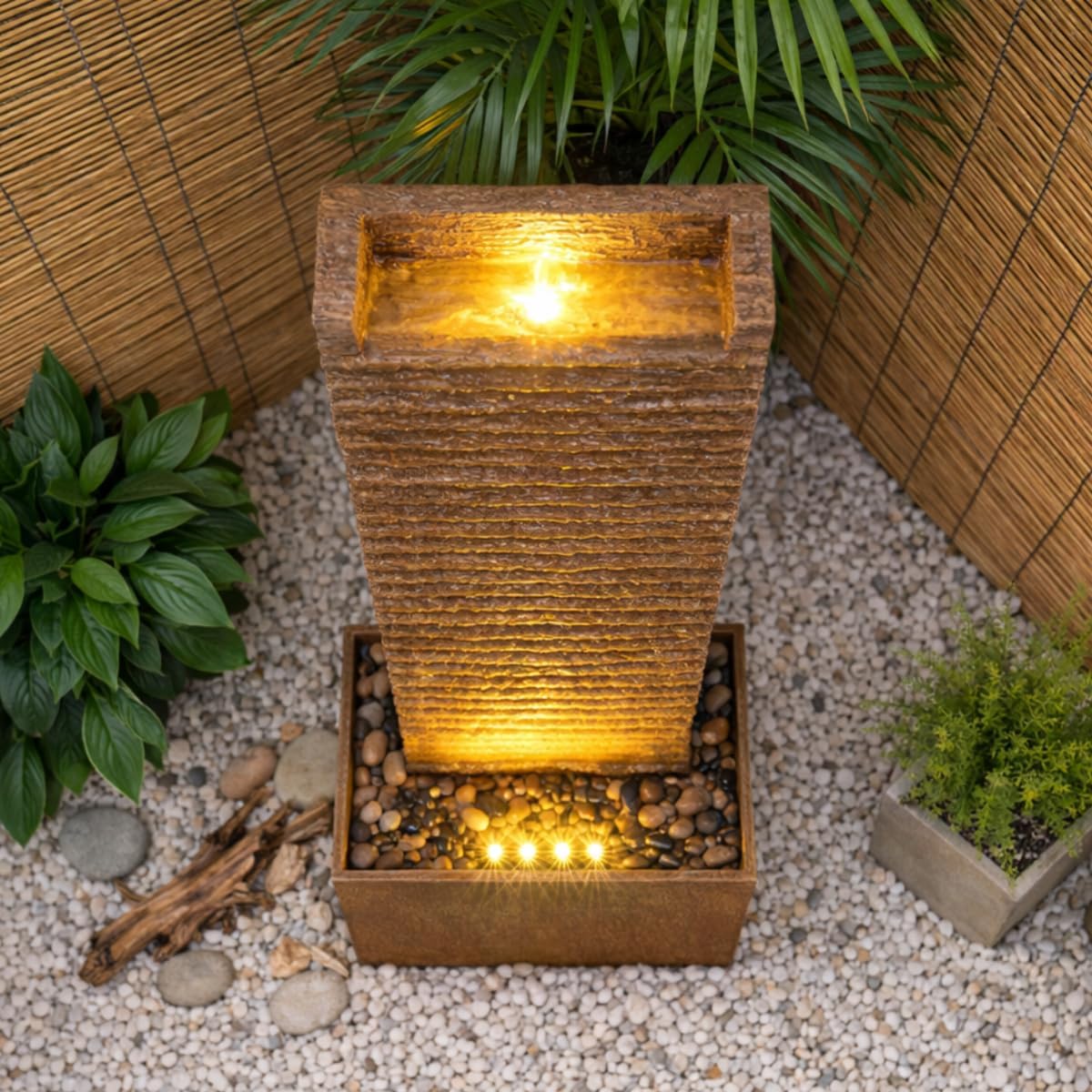 Teamson Home Ridged Texture Outdoor Water Fountain–Warm Glow Lighting with Built-in Electric Pump & Simple Setup, Brown