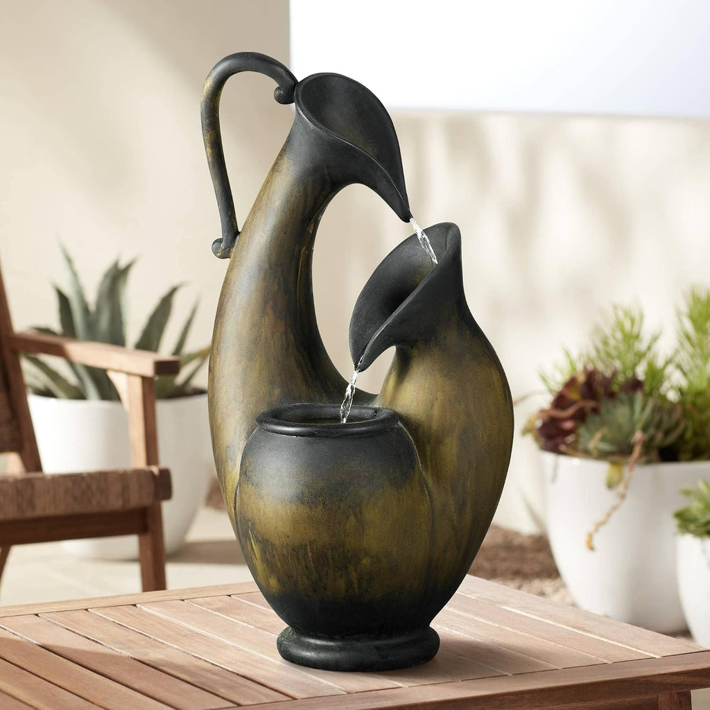 Weathered Jug 24' High Small Rustic Outdoor Decor Faux Stone Tabletop Fountain Tiered Waterfall Cascading Water Feature for Outside Garden Patio Yard Backyard Porch Deck Relaxation - John Timberland