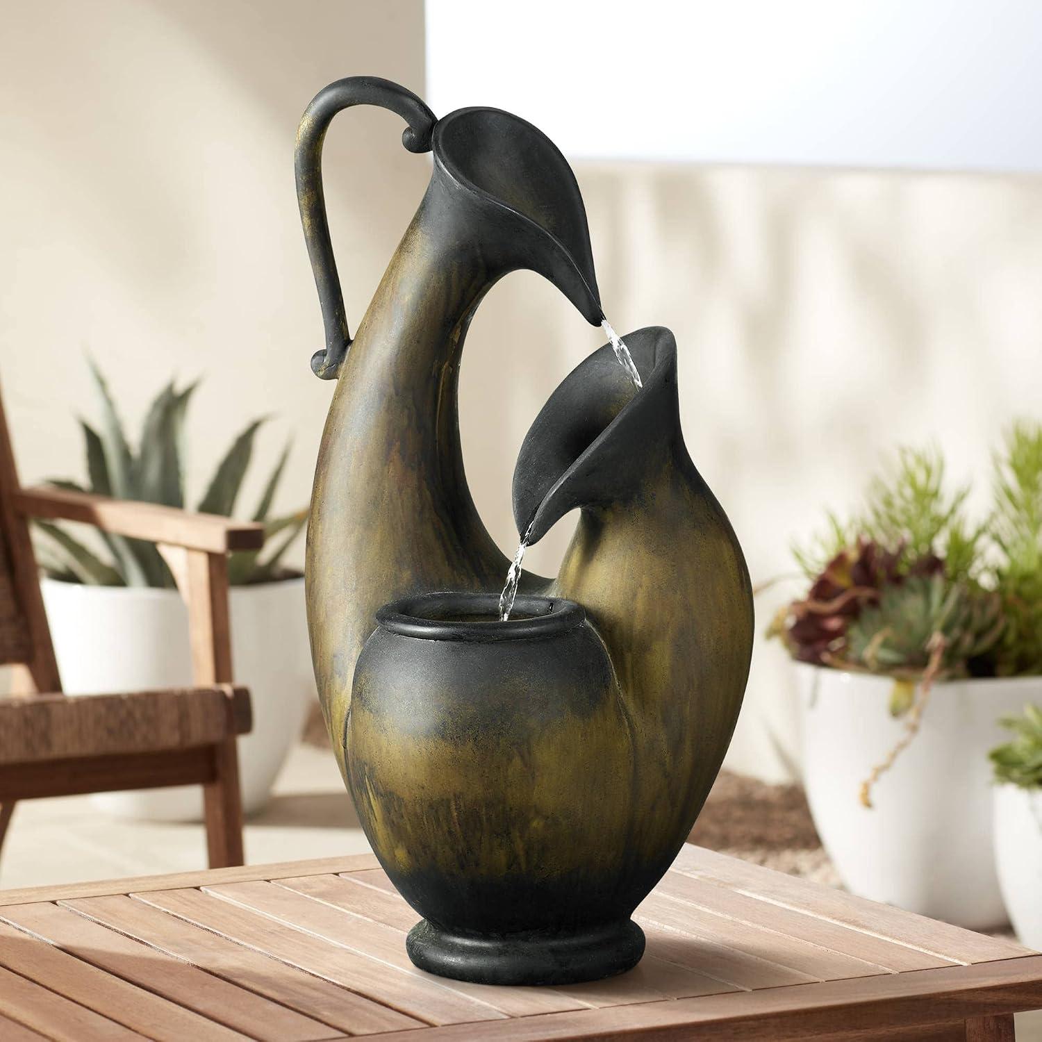 Weathered Jug 24' High Small Rustic Outdoor Decor Faux Stone Tabletop Fountain Tiered Waterfall Cascading Water Feature for Outside Garden Patio Yard Backyard Porch Deck Relaxation - John Timberland