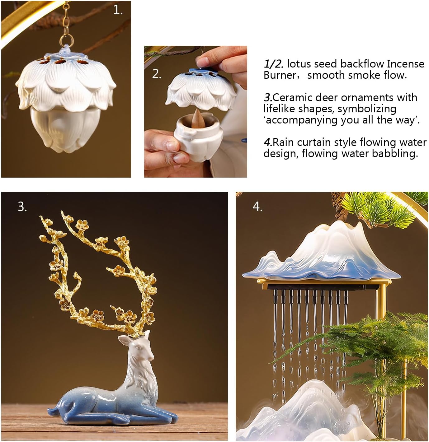 Desk Waterfall Fountain Indoor Ceramic Deer Sculpture,Tabletop Mini Water Fountain with Mist，Adjustable LED Light Ring and Backflow Incense Burner Holder(PQLU001)