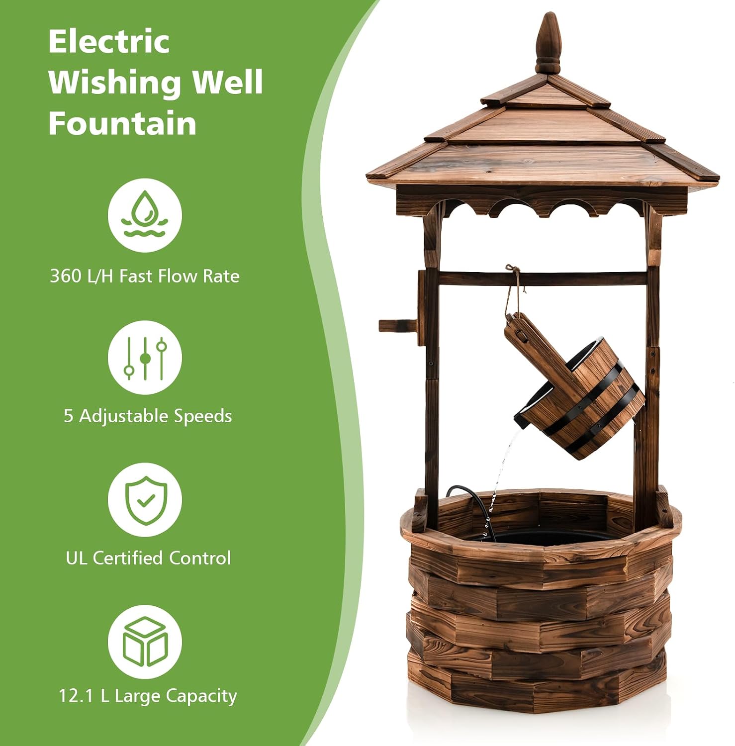 Tangkula Outdoor Wishing Well Water Fountain, Old-Fashioned Wood Waterfall Fountain w/Bucket Pump, Rustic Farmhouse Decoration for Garden, Backyard, 46 Inch Tall (22.5' x 22.5' x 48.5')