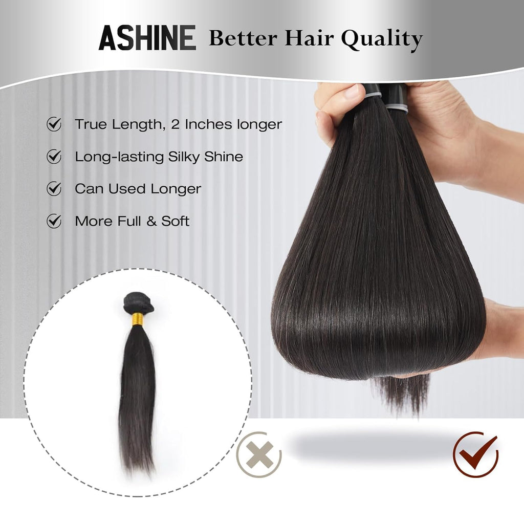 ASHINE Human Hair Bundles Straight, Unprocessed Cambodian Raw Hair Bundles for Women Natural Black 16 18 20 Inch, Keep Soft and Silky After Multiple Washes