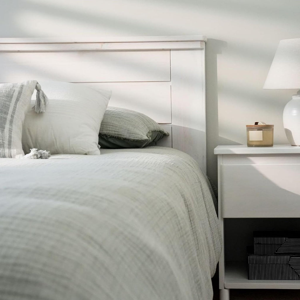 Plank+Beam Rustic Wood Full Bed Frame, Platform Bed with Headboard, Solid, White Wash