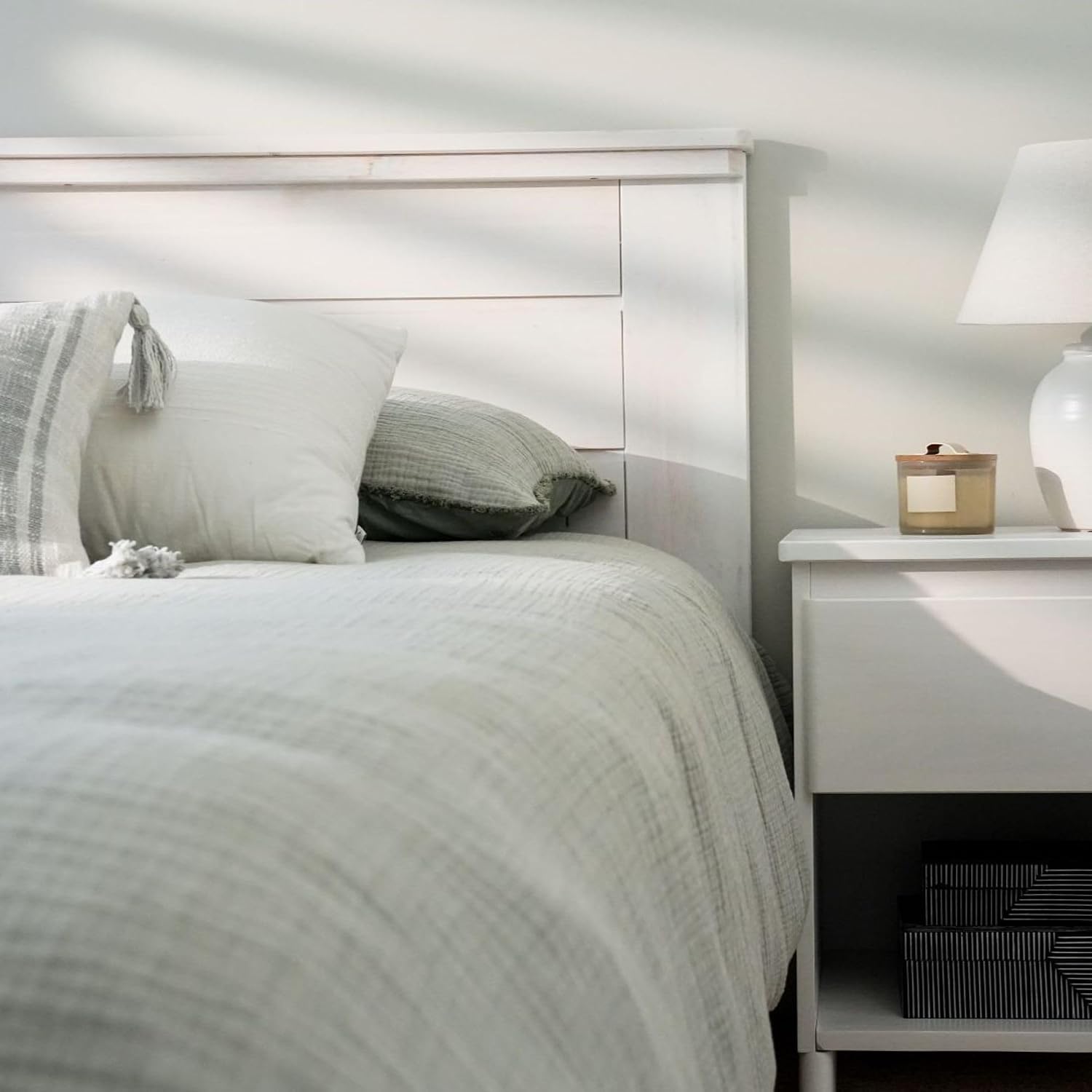 Plank+Beam Rustic Wood Full Bed Frame, Platform Bed with Headboard, Solid, White Wash