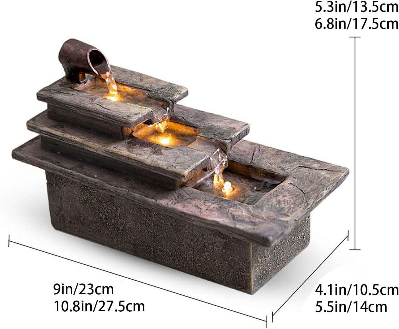 Tabletop Water Fountain, Resin, LED Light, Quiet Pump, Feng Shui, Desktop Waterfall, Cascading Feature, Zen Meditation, for Home Office Living Room Bedroom(A,9 * 4.1 * 5.3IN)