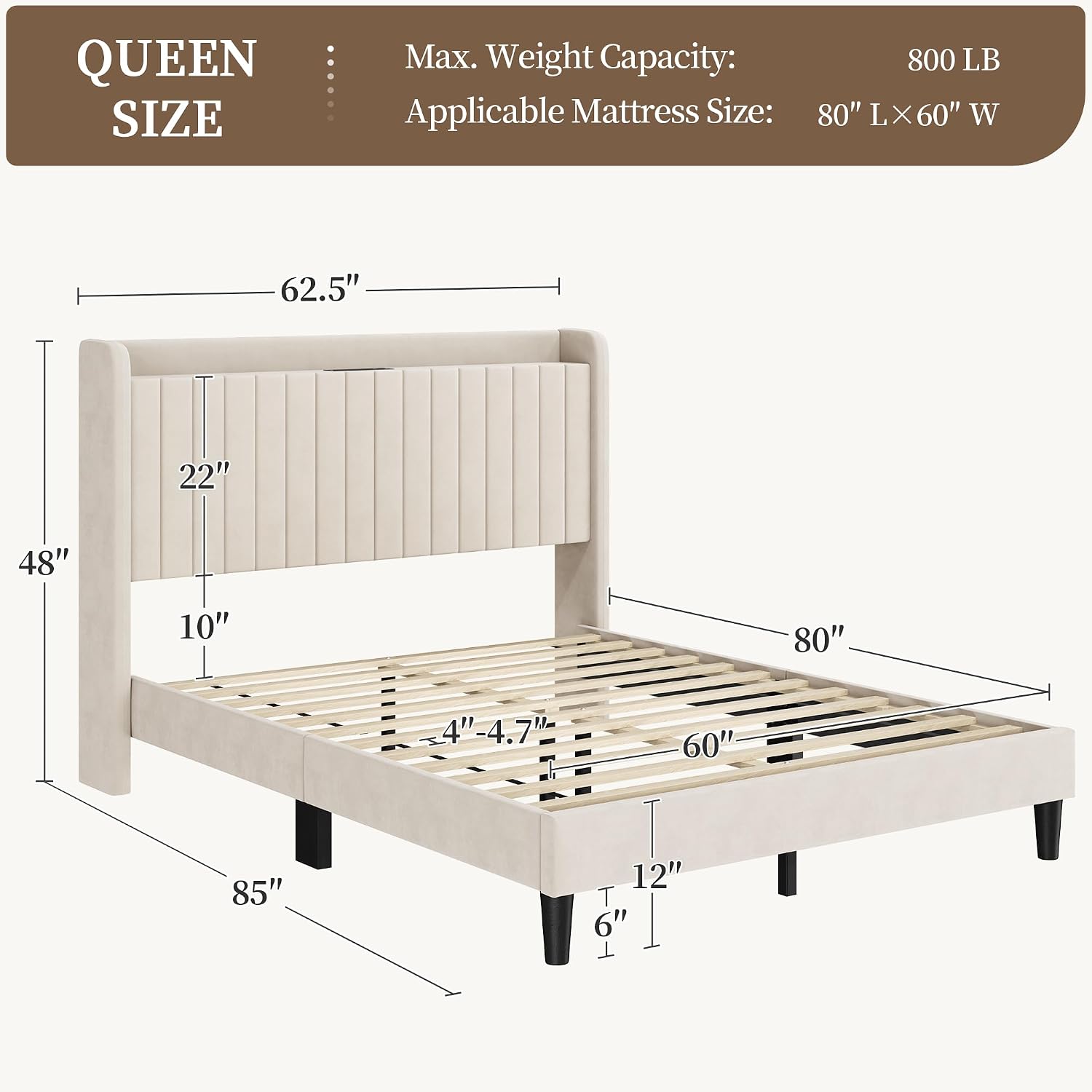 Yaheetech Queen Bed Frame with USB Charging Station and Storage Shelf/Upholstered Headboard Platform Bed with Wing Side/Wooden Slats Support/Noise Free/No Box Spring Needed/Easy Assembly, Cool Beige
