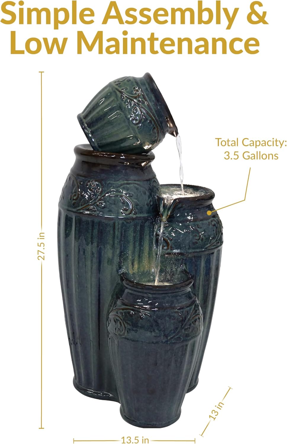 Sunnydaze Tour de Vase Ceramic 27-Inch Outdoor Water Fountain - LED Lights - Electric Submersible Pump with Adjustable Flow