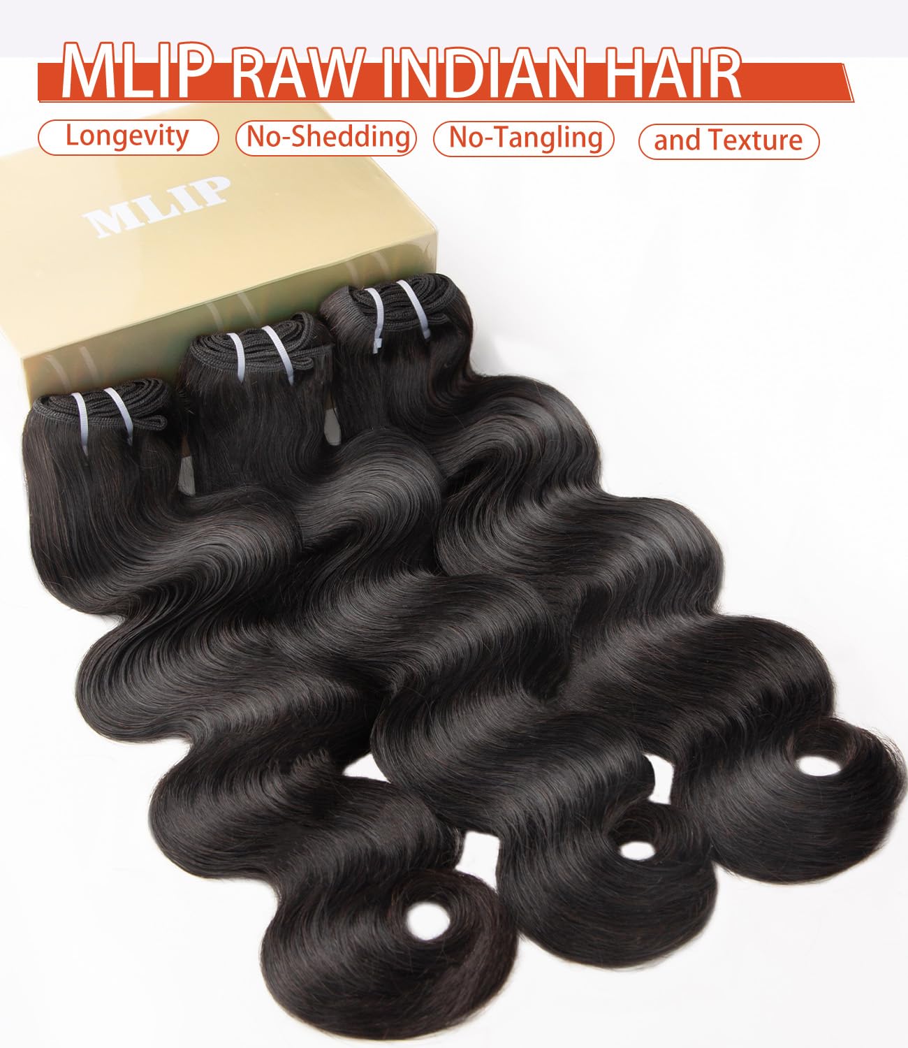 MLIP Body Wave Bundles Human Hair, 100% Raw Indian Hair, Full & Thick, No Tangle No Shedding, Silky Soft After Multiple Washes, Lasts 3X Longer, Natural Color, 3 Bundles 12 14 16 Inch