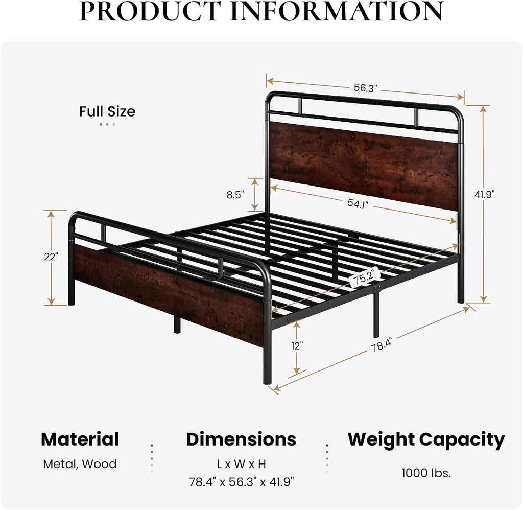 SHA CERLIN Full Size Bed Frame with Wooden Headboard and Footboard, Rounded Corner Metal Structure, Heavy Duty Slats with Under-Bed Storage, No Box Spring Needed, Mahogany