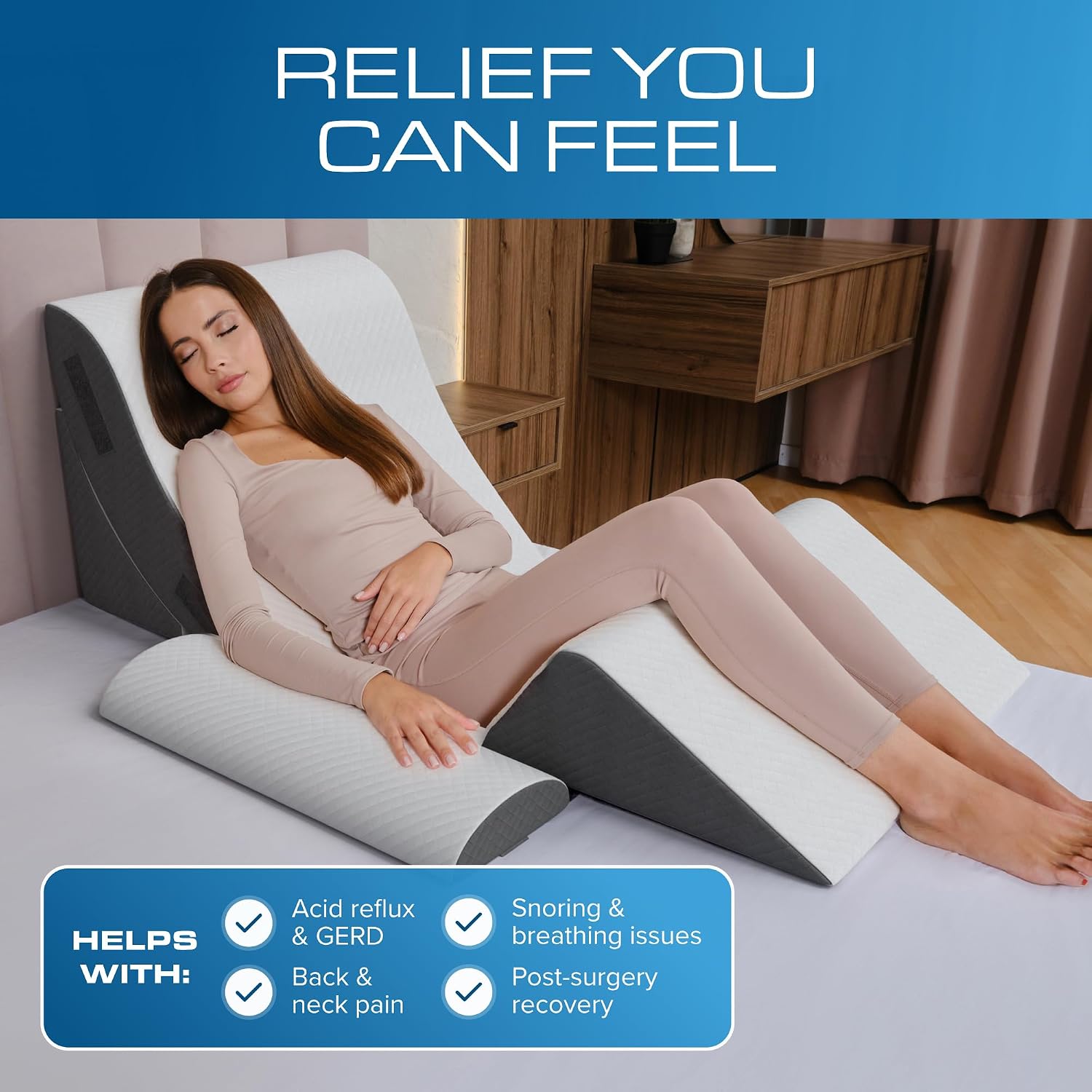 Kolbs Bed Wedge Pillow for Sleep Apnea, FSA Eligible Acid Reflux, and Back Pain Relief, with Chic Jacquard Cover - Headboard Wedges for Sleeping (4 Piece Wedge Set)
