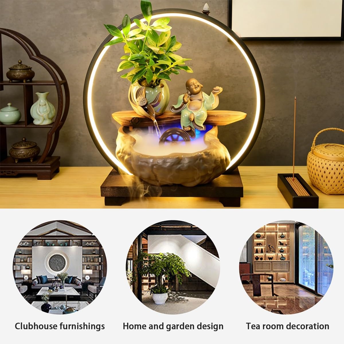 Table Fountain, Tabletop Water Fountain Indoor Décor, Waterfall with LED Lights, for Home Office Ambience, for Office, Living Room, or Bedroom(A)