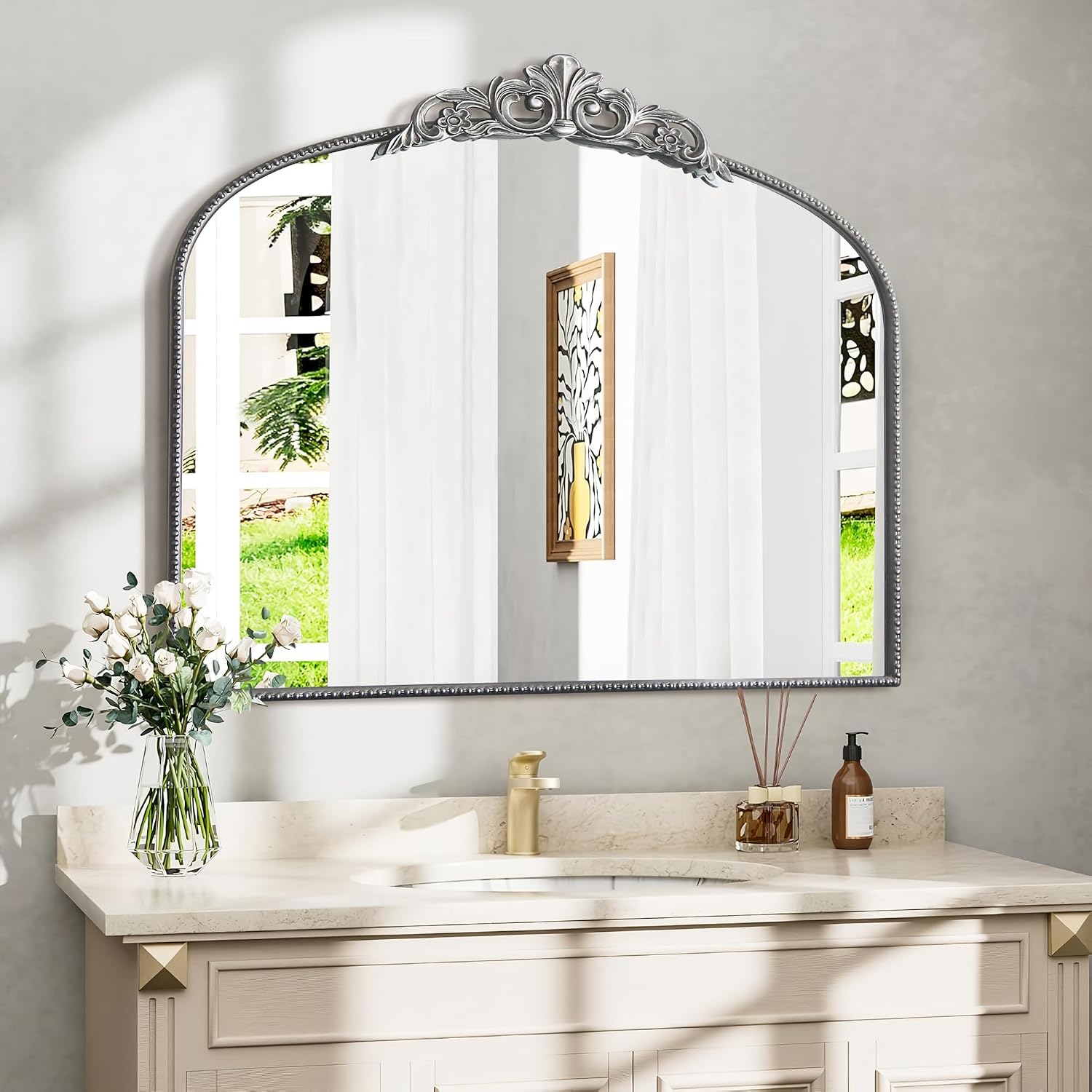 Micasso Large Vintage Silver Mirror: 40'x29' French Baroque Antique Arched Mirror - Traditional Ornate Decorative for Wall/Fireplace/Mantel/Entryway/Bathroom/Hallway - Home Decor for Living Room