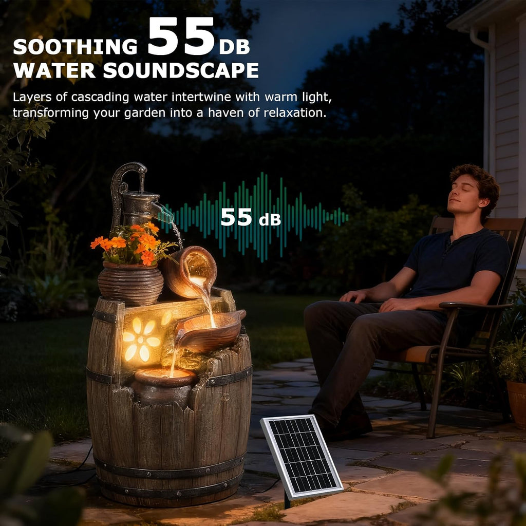 Solar Water Fountain Outdoor Rustic Pump and Barrel, 29' H Cascading Solar Powered Waterfall Fountains Outside Feature with LED Lights for Garden, Patio, Porch, Backyard Decor