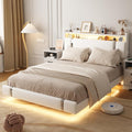 Floating Bed Frame, Full Size Platform Bed Frame with LED and Charging Station, Modern White Metal Platform Full Bed with Storage Headboard, Upholstered Platform Bed Frame, No Box Spring Needed