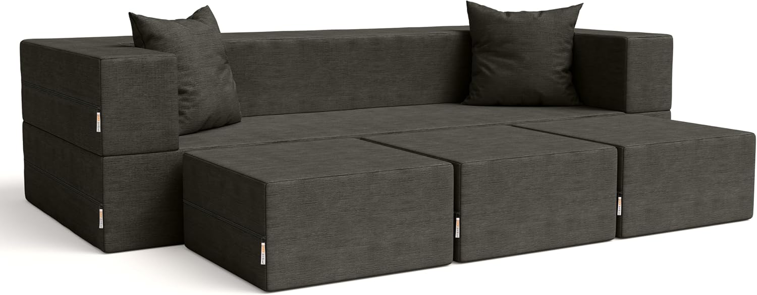 Jaxx Zipline Convertible Sleeper Sofa & Three Ottomans/California King-Size Bed, Textured Microvelvet - Charcoal