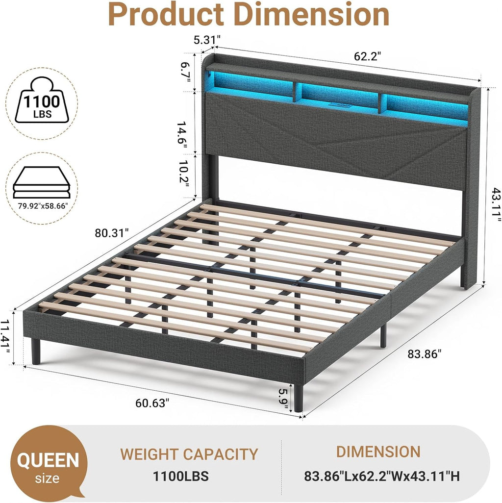 COLAMY Queen Bed Frame with Charging Station & LED Lights, Upholstered Headboard with 2-Tier Storage, Heavy Duty Metal Platform Bed with Wood Slats, No Box Spring, Noise-Free, Easy Assembly, Grey
