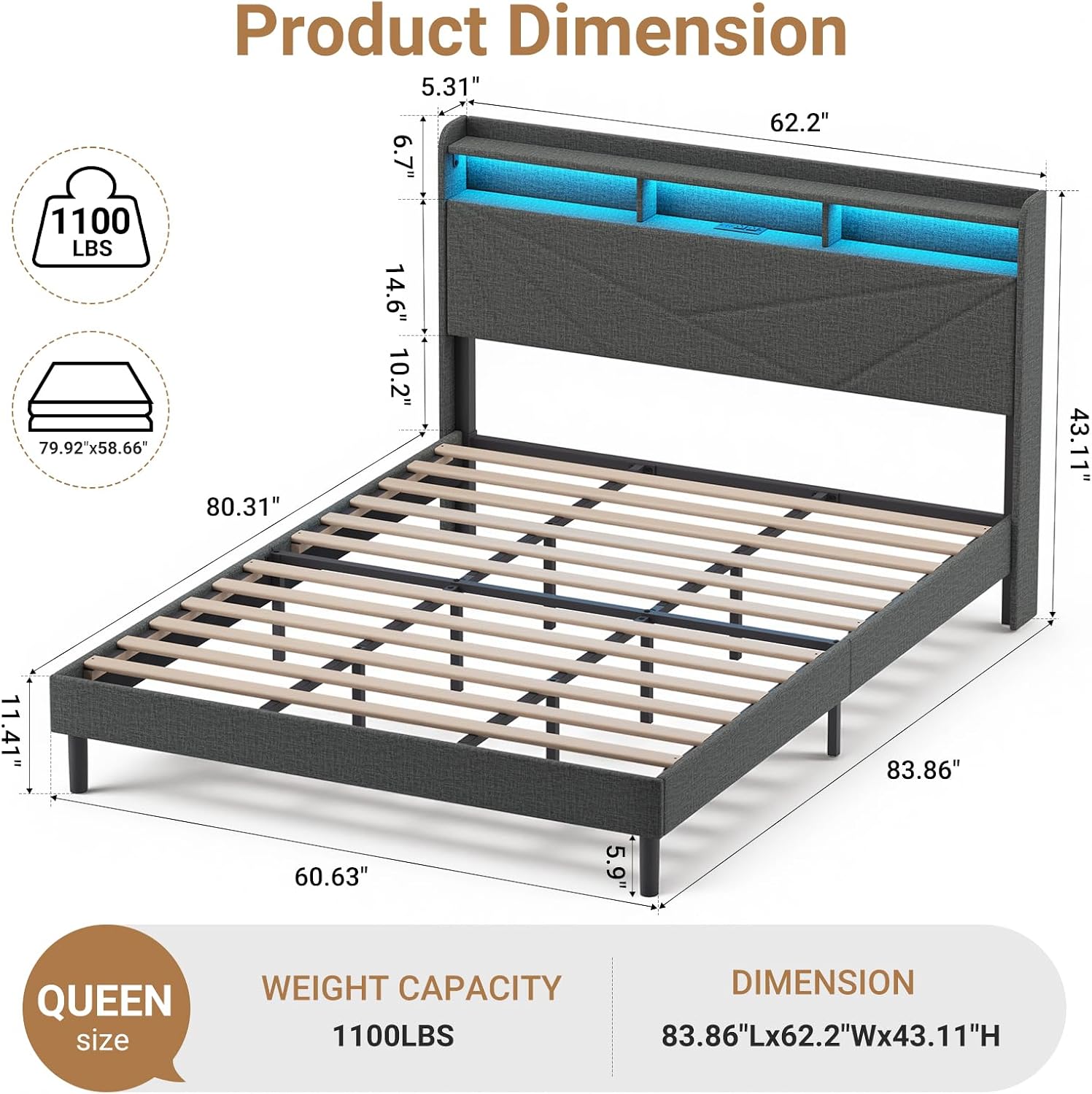 COLAMY Queen Bed Frame with Charging Station & LED Lights, Upholstered Headboard with 2-Tier Storage, Heavy Duty Metal Platform Bed with Wood Slats, No Box Spring, Noise-Free, Easy Assembly, Grey