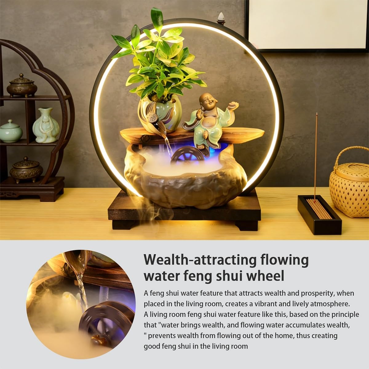 Table Fountain, Tabletop Water Fountain Indoor Décor, Waterfall with LED Lights, for Home Office Ambience, for Office, Living Room, or Bedroom(A)