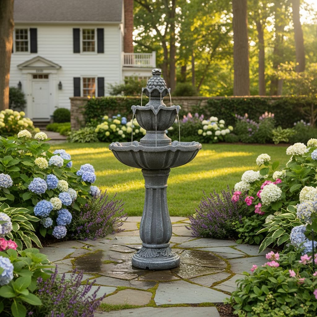 XBrand 36.2' Solar Powered 2-Tier Outdoor Water Fountain, Resin Fountain with Solar Panel Pump, Gray