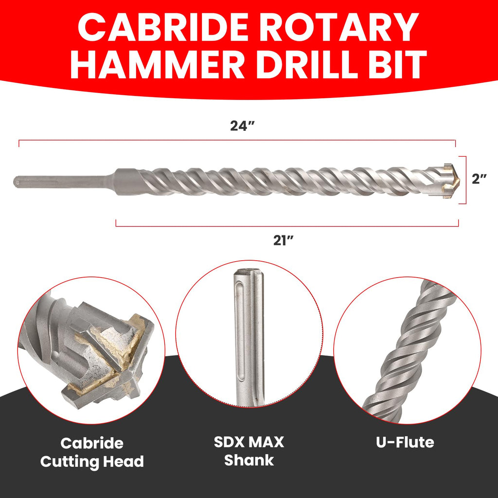 2 in X 24 in SDS MAX Bits, Rotary Hammer, Carbide, Masonry Drill Bits for Concrete, Stone and Brick, SDS MAX Hammer Double Flute, Concrete Drill Bit