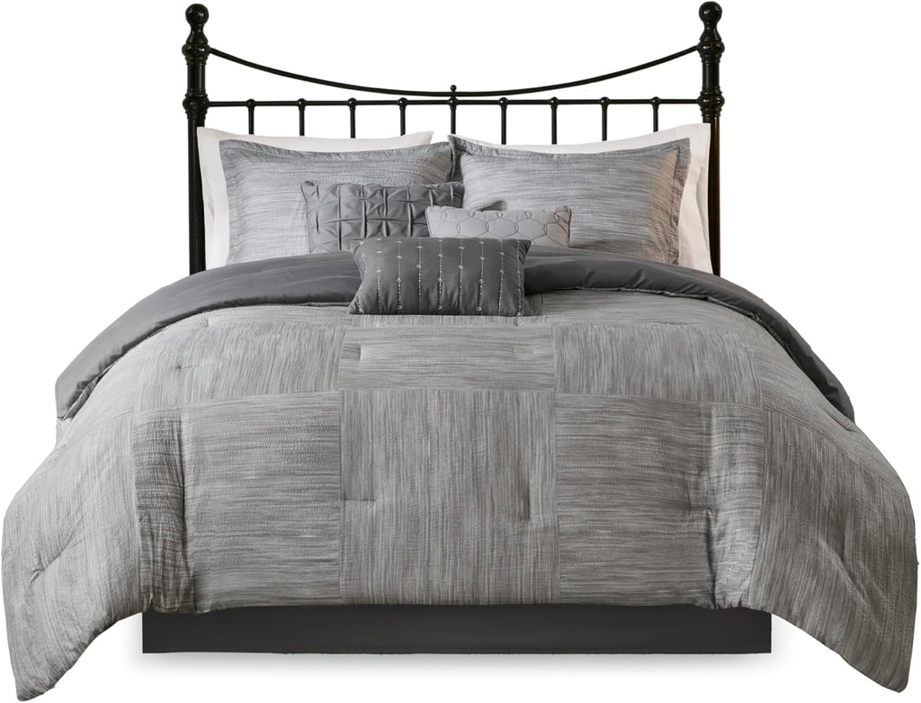 Madison Park Walter Comforter - Luxe Seersucker Print Design, All Season Down Alternative Bedding, Matching Shams, Bedskirt, Decorative Pillows, Grey King(104'x92') 7 Piece