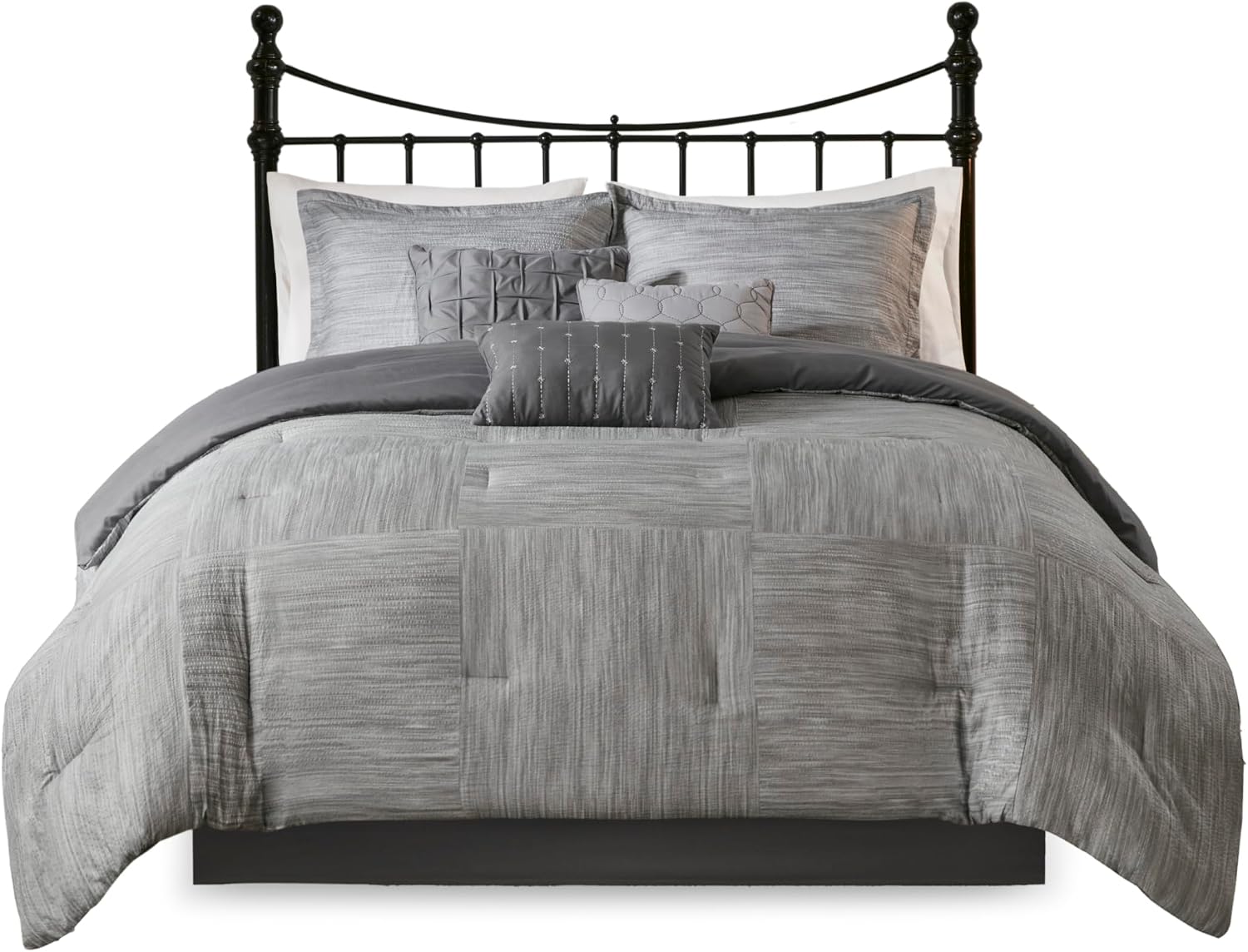 Madison Park Walter Comforter - Luxe Seersucker Print Design, All Season Down Alternative Bedding, Matching Shams, Bedskirt, Decorative Pillows, Grey King(104'x92') 7 Piece