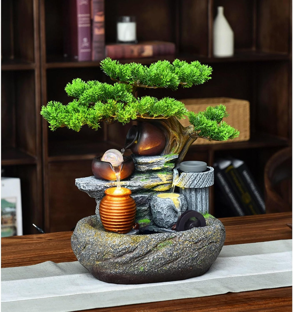 Rockery Stream Tabletop Fountain Desktop Waterfall Feature with Artificial Tree & Glass Bead Indoor Water Fountain for Home