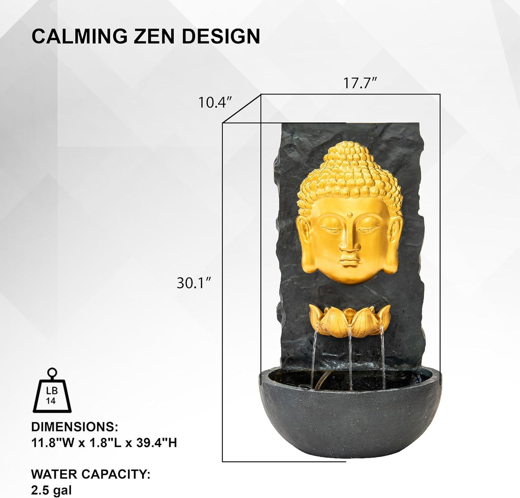 XBrand 30 in H Fiber Resin Wall Buddha Zen Outdoor Garden Water Fountain w/Warm LED Light, Gold