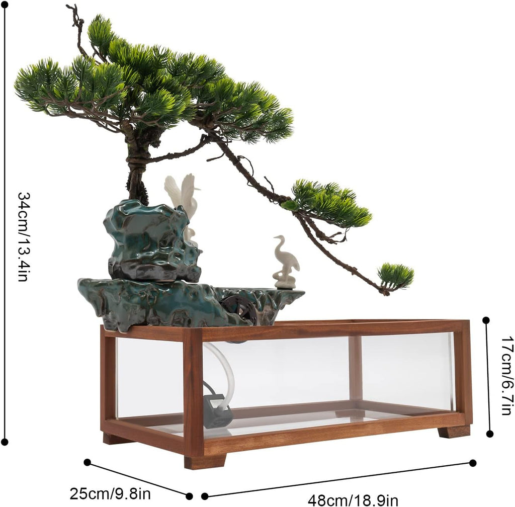 Tabletop Water Fountains Indoors with LED Light, Fake Plants，Rockery and Aquariums Water Fall Indoor for Living Room Office Decor (Fish Tank Size: 17.7L x 8.3W x 6H Inch
