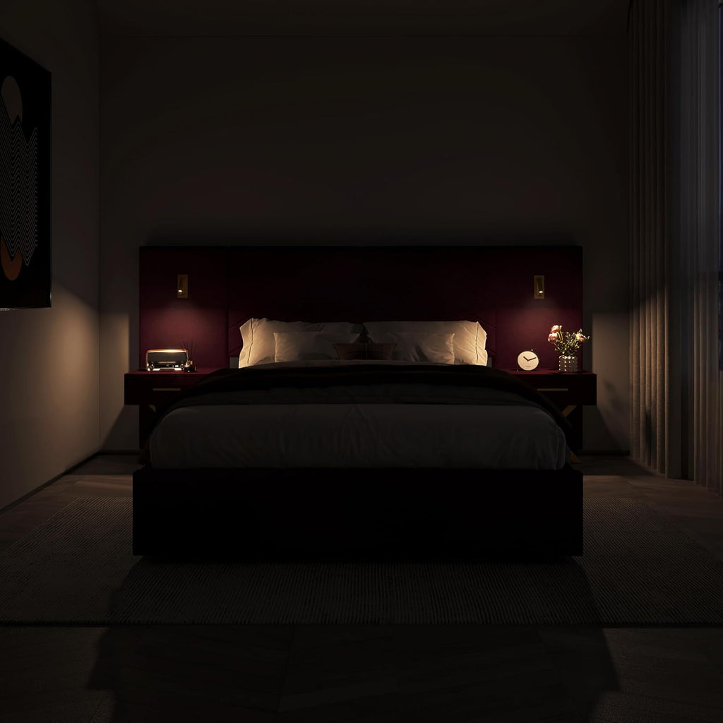 DEINPPA Luxury Queen Bed Frame with Built-in Gold LED Lights and Nightstands, Queen Size Platform Bed with Oversize Upholstered Headboard, No Box Spring Needed-Burgundy