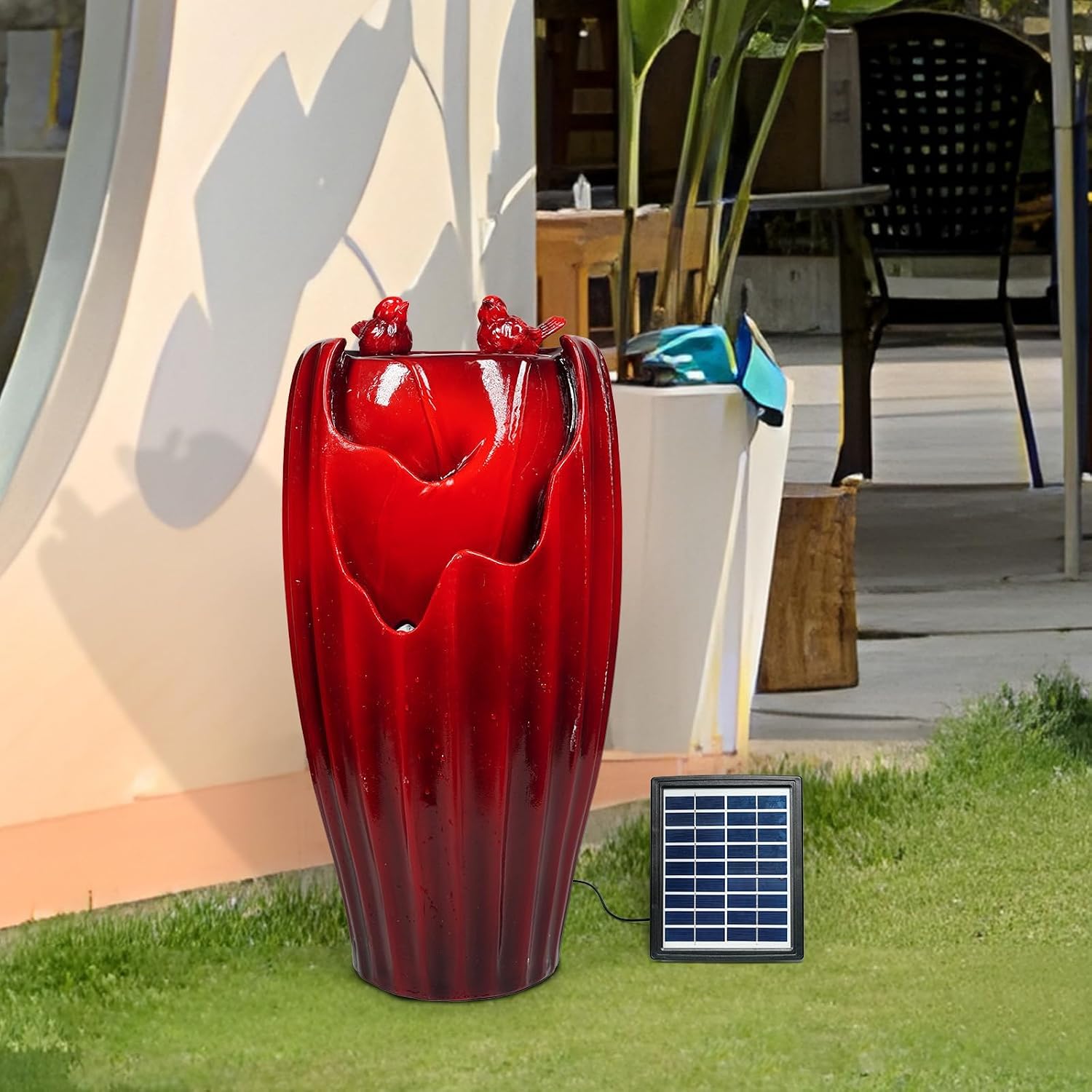 Ferrisland Solar Powered Water Fountain with LED Lights, 20' H Resin Red Vase Outdoor Freestanding Fountain with Pump, Bird Water Fountain & Water Falls for Outside Garden & Backyard Decking Décor