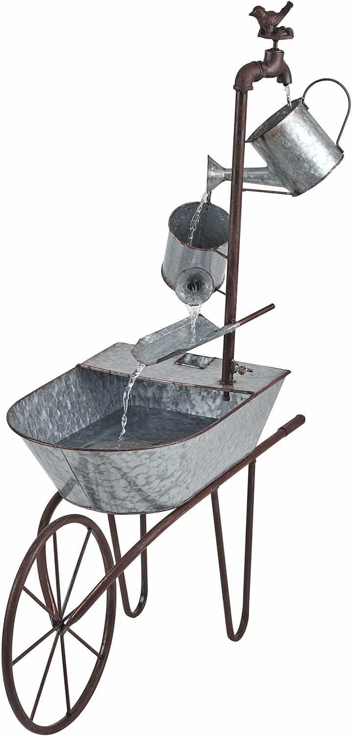 Alpine Corporation MCC574 Outdoor Floor Galvanized Shovel Pitcher Bucket Fountain, 41' Vintage Garden Water Feature, Patio & Backyard Décor, Gray