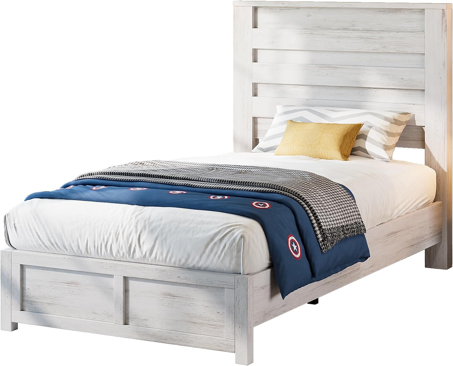 AMERLIFE Farmhouse Twin Bed Frame with 49' Fluted Headboard, Platform Bed with Natural Wood Grain Finish, Noise Free, No Box Spring Needed, Distressed White