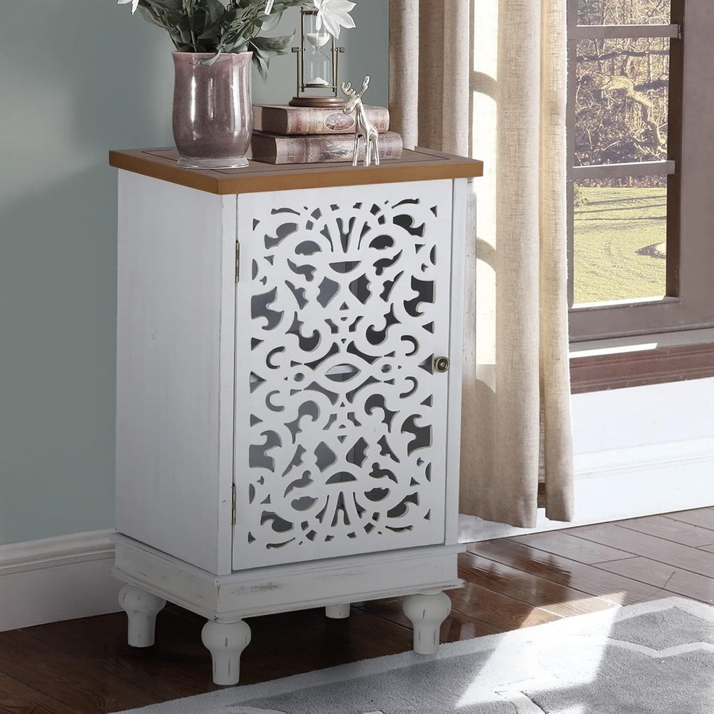 Sophia & William Accent Cabinet Small with Single Door, 31.5' Tall Side End Table, Distressed Nightstand with Wooden Frame and Hollow Carved Door, White