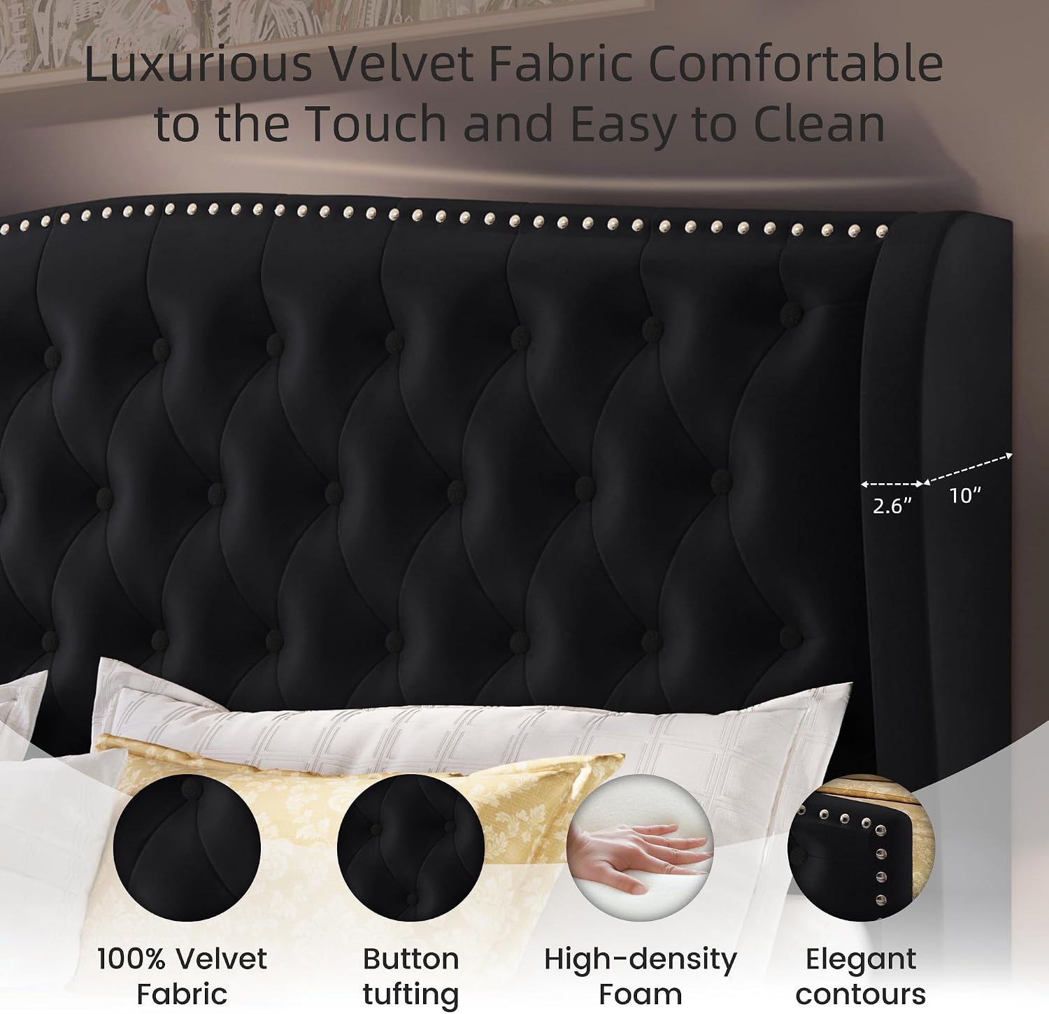 BRELTAM Upholstered Queen Size Bed Frame Velvet Black Tufted Platform Bed Frame with Wingback Headboard & Footboard, with Deep Button Tufted & Nailhead Wooden Slats Support, No Box Spring Needed