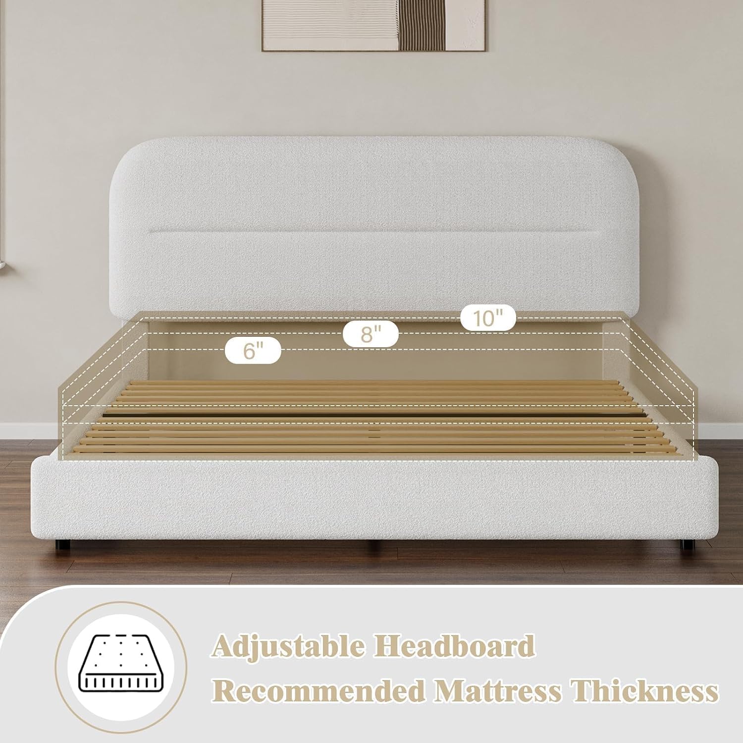 HOMBCK Queen Size Boucle Bed Frames, Upholstered Bed Frame Queen Size with Headboard, Soft Cloud Bed with Thickened Footboard, Rounded Corners, No Box Spring Needed, Easy Assembly, White